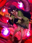  13-gou 1girl barefoot clothes_writing evil_smile fingernails fire green_shirt green_shorts horns long_hair nail_polish open_mouth pink_horns pointy_ears purple_hair red_nails shirt short_sleeves shorts single_horn smile solo syringe tail tenkajin_chiyari test_tube touhou 