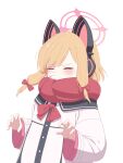  1girl absurdres aimpoleume animal_ear_headphones animal_ears blonde_hair blue_archive blush bow bowtie cat_ear_headphones closed_eyes fake_animal_ears hair_bow halo headphones highres jacket long_sleeves momoi_(blue_archive) red_bow red_bowtie red_scarf scarf short_hair simple_background sneezing solo upper_body white_background white_jacket 