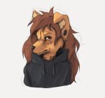 2023 alternate_form anthro apogee_(tinygaypirate) canid canine canis clothed clothing digital_media_(artwork) domestic_dog female female_anthro floppy_ears hair hi_res hoodie kemono long_hair mammal piercing simple_background snout solo spitz tattoo tinygaypirate topwear whiskers white_background 