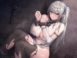  1girl black_thighhighs blue_eyes breasts circlet clenched_teeth cuffs detached_sleeves elf grey_hair large_breasts mrpeanut_88 navel nipples original pointy_ears revealing_clothes shackles stone_wall teeth thighhighs torn_clothes torn_thighhighs twintails wall 