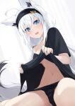  ahoge animal_ear_fluff animal_ears aqua_eyes arou_(arrow_x666) black_hairband black_panties black_shirt blush breasts clothes_lift extra_ears flower_ornament fox_ears fox_girl fox_tail hair_between_eyes hairband highres hololive lifted_by_self long_hair looking_at_viewer navel open_mouth oversized_clothes panties shirakami_fubuki shirakami_fubuki_(7th_costume) shirt simple_background sitting tail underboob underwear white_background white_hair 