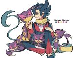  :3 blue_hair closed_eyes colored_skin commentary_request green_eyes grimsley_(pokemon) highres kokashiho liepard pokemon pokemon_(creature) pokemon_(game) pokemon_bw purple_skin purrloin scarf short_hair sitting sleeping spots standing tail whiskers white_background yellow_scarf 