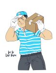  1boy absurdres bara belly blush box cardboard_box carrying_over_shoulder contrapposto cropped_legs daisukebear delivery employee_uniform gloves head_tilt highres looking_at_viewer male_focus mature_male mustache_stubble original package pectorals plump polo_shirt short_hair sideburns smile solo thick_eyebrows uniform 