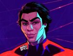  1boy artist_name black_bodysuit black_hair blushyspicy bodysuit closed_mouth highres looking_at_viewer male_focus marvel miguel_o&#039;hara muscular muscular_male portrait purple_background red_bodysuit red_eyes short_hair smile solo spider-man:_across_the_spider-verse spider-man_(series) 