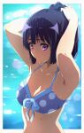  1girl adjusting_hair armpits arms_up bikini blue_bikini bow breasts cleavage collarbone halterneck hibike!_euphonium highres kousaka_reina large_breasts polka_dot polka_dot_bikini swimsuit tying_hair upper_body usagihop water wet 