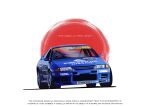  1boy blue_headwear bridgestone car driving english_commentary english_text helmet highres japanese_flag motor_vehicle nissan_skyline nissan_skyline_gt-r nissan_skyline_r32 race_vehicle racecar real_life right-hand_drive sei_illustrations solo spoiler_(automobile) super_gt vehicle_focus 