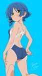  1girl absurdres adjusting_clothes adjusting_swimsuit aqua_background artist_name ass back blue_background blue_hair blue_one-piece_swimsuit bocchi_the_rock! competition_swimsuit earrings from_behind highres jewelry kneeling mole mole_under_eye one-piece_swimsuit short_hair signature simple_background solo swimsuit tan tanline_peek tanlines two-tone_swimsuit white_one-piece_swimsuit yamada_ryou yellow_eyes zetsuyo_chimayo 
