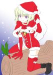  1boy alternate_costume black_footwear blonde_hair boots bow capelet choker christmas colored_eyelashes elbow_gloves fur-trimmed_capelet fur_trim gloves gradient_background handbell hat holding holding_sack holly kisekisaki lio_fotia log looking_at_viewer male_focus otoko_no_ko promare purple_eyes red_bow red_capelet red_choker red_gloves red_thighhighs sack santa_costume santa_hat short_hair shorts smile snow solo thighhighs zettai_ryouiki 