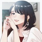  1girl black_hair blurry blurry_background blush fingernails grin hand_on_own_hip highres inuzuka_miwa looking_at_viewer mogggggge nail_polish parted_lips portrait shirt smile solo tsukiatte_agetemo_ii_kana white_shirt 