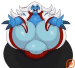  2023 3_fingers anthro belly big_belly big_breasts black_bottomwear black_clothing black_pants blue_body bottomwear breasts cleavage clothed clothing dewwydarts eyes_closed female fingers generation_5_pokemon grey_hair hair hi_res huge_breasts huge_thighs imminent_hug long_hair lyndis_(dewwydarts) navel nintendo open_mouth overweight overweight_anthro overweight_female pants patreon patreon_logo pokemon pokemon_(species) samurott simple_background solo thick_thighs white_background wide_hips 