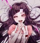  1girl :d bandaged_arm bandages blood breasts danganronpa_(series) danganronpa_2:_goodbye_despair grey_background half-closed_eye large_breasts long_hair messy_hair naruse_(nal1525) own_hands_clasped own_hands_together pink_blood puffy_short_sleeves puffy_sleeves purple_hair short_sleeves smile solo tears teeth tongue tsumiki_mikan two-tone_shirt 