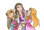  3girls armor blonde_hair blue_eyes brown_hair covering_mouth dress earrings fingersmile forced_smile gloves hand_over_own_mouth jewelry long_hair multiple_girls nyagiratwist pink_dress pointy_ears princess_zelda purple_dress purple_gloves shoulder_armor smile super_smash_bros. sweatdrop the_legend_of_zelda the_legend_of_zelda:_a_link_between_worlds the_legend_of_zelda:_ocarina_of_time the_legend_of_zelda:_twilight_princess tiara white_gloves 