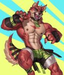  2023 abs abstract_background alexxxnttt anthro bottomwear canid canine clothing collar ear_piercing eye_patch eyewear fingerless_gloves gloves handwear hi_res male mammal muscular notched_ear open_mouth piercing shorts solo 