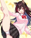  1girl absurdres animal_ears black_hair black_skirt bow breasts cat_ears collared_shirt fang highres leg_up long_hair long_sleeves looking_at_viewer medium_breasts multicolored_hair open_mouth original panties paw_print paw_print_background pink_sweater plaid plaid_skirt red_bow red_eyes sakura_mikan_(chirizakura) school_uniform shirt sidelocks skirt solo split streaked_hair sweater underwear upper_body white_panties white_shirt 