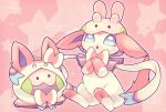  animal_hat animal_hood black_eyes blue_eyes bow bright_pupils cosplay dot_nose goomy goomy_(cosplay) hat hood no_humans open_mouth pawpads pink_background pokemon pokemon_(creature) signature solid_circle_eyes star_(symbol) sylveon sylveon_(cosplay) totennko white_pupils 