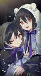  2boys animal_hood black_background black_hair brothers closed_mouth dated happy_birthday highres hoe_satsuki hood looking_at_viewer mahoutsukai_no_yakusoku male_focus multiple_boys one_eye_closed open_mouth short_hair siblings smile snow_(mahoutsukai_no_yakusoku) teeth twins white_(mahoutsukai_no_yakusoku) yellow_eyes 