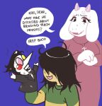  2022 ambiguous_gender anthro bovid caprine clothed clothing cross-popping_vein deltarune dialogue dokudrinker duo english_text female goat hi_res human kris_(deltarune) mammal puppet spamton_g._spamton text toriel undertale_(series) 
