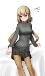  1girl absurdres black_bow black_skirt bow brown_eyes brown_hair brown_pantyhose dress facing_viewer feet_out_of_frame grey_sweater hair_bow highres kantai_collection long_hair looking_back low_twintails maru_(marg0613) one-hour_drawing_challenge pantyhose pleated_dress sideways_glance simple_background skirt solo sweater tashkent_(kancolle) turtleneck turtleneck_sweater twintails white_background 