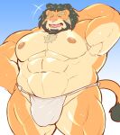  12beat13 anthro arsalan asian_clothing biceps blush body_hair bulge chest_hair clothing east_asian_clothing felid fundoshi hi_res japanese_clothing laugh lifewonders lion male mammal mane mature_male muscular muscular_anthro muscular_male navel nipples pantherine pecs solo tokyo_afterschool_summoners underwear 