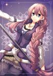  1girl braid brown_hair coat earrings eiyuu_densetsu emma_millstein framed grey_eyes hair_ornament hairclip highres holding holding_staff jewelry long_hair long_sleeves looking_at_viewer necklace portrait satsuki_(chaosmode) sen_no_kiseki sen_no_kiseki_iii single_braid sleeveless_coat smile solo staff thighhighs upper_body very_long_hair 