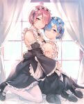  2girls black_footwear blue_eyes blue_hair breasts cleavage curtains detached_sleeves e_(eokiba) highres hug juliet_sleeves long_sleeves looking_at_viewer maid mary_janes multiple_girls mutual_hug puffy_sleeves ram_(re:zero) re:zero_kara_hajimeru_isekai_seikatsu red_eyes red_hair rem_(re:zero) roswaal_mansion_maid_uniform shoes siblings sisters small_breasts thighhighs twins white_thighhighs window 