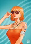  1girl absurdres aliasartworks arm_tattoo blue_background earrings english_commentary highres jewelry looking_at_viewer nami_(one_piece) necklace one_eye_closed one_piece orange_hair orange_shirt red_lips shirt short_hair solo strapless strapless_shirt sunglasses tattoo upper_body 
