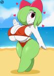  2023 4_fingers absurd_res beach big_breasts bikini breasts clothed clothing digital_media_(artwork) eyelashes female fingers generation_3_pokemon hi_res humanoid kirlia nintendo not_furry nr_ac pokemon pokemon_(species) red_bikini red_clothing red_swimwear seaside short_stack smile solo swimwear thick_thighs 