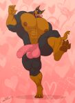  &lt;3 2022 balls biceps big_abs big_balls big_penis black_body black_fur blake_(juano) brown_body brown_fur collar digitigrade erection erection_through_clothing fur genitals hi_res huge_pecs male multicolored_body multicolored_fur muscular_thighs nipples pawpads penis raised_leg red_collar solo spiked_collar spikes tongue tongue_out two_tone_body two_tone_fur 