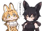  2girls :3 animal_ears bare_shoulders black_bow black_bowtie black_gloves black_hair black_serval_(kemono_friends) black_shirt black_skirt blonde_hair blush bow bowtie cat_ears cat_girl elbow_gloves extra_ears gloves kemono_friends kemono_friends_3 multiple_girls print_bow print_bowtie print_gloves print_skirt serval_(kemono_friends) serval_print shirt short_hair sidelocks skirt sleeveless sweatdrop tanaka_kusao thought_bubble translation_request white_gloves white_shirt yellow_eyes 