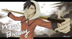  1boy ayan_ip black_hair closed_mouth commentary_request ethan_(pokemon) happy_birthday highres holding hood hood_up jacket long_sleeves looking_at_viewer male_focus outstretched_arms pokemon pokemon_adventures shirt short_hair smile solo twitter_username upper_body watermark yellow_eyes zipper_pull_tab 