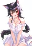  1girl :3 :d absurdres animal_ear_fluff animal_ears black_hair blush breasts cleavage double-parted_bangs dress gold_necklace hair_ornament hairpin highres hololive jewelry large_breasts long_hair looking_at_viewer miofa_(ookami_mio) multicolored_hair necklace ookami_mio open_mouth red_hair sidelocks smile streaked_hair togemaru34 very_long_hair virtual_youtuber white_background white_dress wolf_ears wolf_girl yellow_eyes 