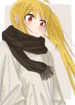  1girl ahoge blonde_hair blunt_bangs bocchi_the_rock! border brown_scarf detached_ahoge grey_background highres ijichi_nijika long_sleeves oniku_0131_btr scarf shirt side_ponytail sidelocks solo t-shirt white_border white_shirt 