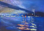  blue_sky bridge building city night night_sky no_humans ocean original painting_(medium) sakaue111 shadow shore sky traditional_media water watercolor_(medium) 