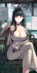  1girl absurdres black_hair blue_archive breasts bus_stop cellphone cleavage closed_mouth collarbone dongtan_dress dress grey_dress hair_ornament hairpin highres holding holding_phone korean_text large_breasts long_hair long_sleeves looking_at_viewer meme_attire okkimon outdoors phone red_eyes rio_(blue_archive) smartphone solo umbrella 
