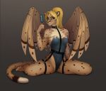  2022 anthro barefoot black_collar black_spots blonde_hair blue_clothing blue_leotard breasts cheetah clothing collar feathered_wings feathers feet felid feline female food fur hair harukoharuko hi_res holding_food holding_object holding_popsicle lena_fluffy_(character) leotard long_hair looking_at_viewer mammal medium_breasts popsicle popsicle_melting simple_background solo spots spotted_body spotted_fur wings yellow_body yellow_fur yellow_wings 