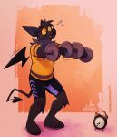  2023 anthro arm_tuft bat black_body black_fur bodily_fluids cheek_tuft clock clothed clothing cobalt_(gothwolf) dumbbell elbow_tuft exercise facial_tuft fangs fur gothwolf hi_res holding_object knee_tuft knees_bent leg_tuft male mammal neck_tuft simple_background solo spade_tail standing sweat sweatdrop tail teeth tuft weights wings workout yellow_clothing yellow_sclera 