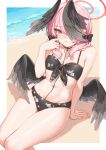  1girl angel_wings bare_arms bare_shoulders beach bikini black_bikini black_bow black_hair black_wings blue_archive blush bow breasts closed_mouth collarbone day fangxiang_cuoluan feathered_wings floral_print front-tie_bikini_top front-tie_top groin hair_between_eyes hair_bow hair_over_one_eye halo head_wings highres koharu_(blue_archive) koharu_(swimsuit)_(blue_archive) long_hair looking_at_viewer low_twintails low_wings navel official_alternate_costume outdoors pink_eyes pink_hair pink_halo print_bikini sand sitting small_breasts solo stomach swimsuit thighs twintails wings 