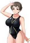  1girl asics black_one-piece_swimsuit breasts brown_eyes brown_hair collarbone competition_swimsuit curvy groin highleg inumaru75707951 large_breasts logo one-piece_swimsuit original short_hair simple_background solo standing swimsuit thick_eyebrows two-tone_swimsuit white_background 