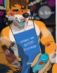  anthro apron beer_bottle bottle canid canine clothing container fox genitals hi_res humanoid_genitalia humanoid_penis jerro male mammal nipples penis solo tagme 