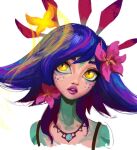  1girl animal artskimaa_(maria) blue_hair bug butterfly colored_skin cropped_shoulders flipped_hair flower freckles green_skin hair_flower hair_ornament jewelry league_of_legends medium_hair multicolored_hair multicolored_skin necklace neeko_(league_of_legends) orange_eyes pink_flower pink_hair pink_lips portrait reptile_girl simple_background slit_pupils teeth tow-tone_skin two-tone_hair two-tone_skin 