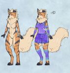  2023 anthro arcanine big_tail blokfort blue_eyes bottomless bottomwear breasts canid canine clothed clothing female fur generation_1_pokemon genitals hi_res legwear leotard mammal model_sheet nintendo nude orange_body pokemon pokemon_(species) pussy shorts simple_background standing stockings tail topless 