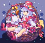  1girl basket bell blush boots box breasts cleavage closed_mouth gift gift_box grey_hair long_hair long_sleeves looking_at_viewer medium_breasts original oyuzaki_(ayuzaki) pixel_art purple_eyes red_footwear red_ribbon ribbon santa_costume sitting smile solo tongue tongue_out 