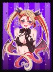  1girl axel_syrios black_bra blonde_hair blue_eyes blush bra breasts cleavage demon_wings detached_collar e1ctricee1s elbow_gloves fang genderswap genderswap_(mtf) gloves heart heart_in_eye highres holostars holostars_english low_wings multicolored_hair navel red_hair streaked_hair striped striped_background symbol_in_eye twintails underwear virtual_youtuber wings 