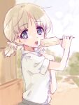  1girl aki_(girls_und_panzer) food girls_und_panzer green_eyes highres kuroi_mimei light_brown_hair popsicle shirt short_hair short_twintails solo sweat twintails white_shirt 