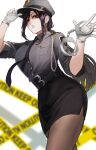  1girl absurdres belt black_hair blurry breast_pocket breasts cuffs gloves gradient_hair grey_hair hair_over_one_eye handcuff_dangle handcuffs hat highres holding holding_handcuffs large_breasts long_hair looking_at_viewer multicolored_hair necktie nekotokage nijisanji open_mouth orange_eyes pantyhose pencil_skirt pocket police police_hat police_uniform policeman policewoman shirayuki_tomoe shirt skirt solo uniform virtual_youtuber 