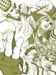  3boys battle_tendency caesar_anthonio_zeppeli checkered_clothes checkered_headwear facial_hair facial_mark family feather_hair_ornament feathers fingerless_gloves gloves gyro_zeppeli hair_ornament hat headband holding holding_reins jojo_no_kimyou_na_bouken jojo_pose monochrome multiple_boys mustache name_connection phantom_blood reins ruushii_(lucy_steel6969) steel_ball_run top_hat triangle_print will_anthonio_zeppeli 