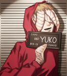  1girl barbie_mugshot_(meme) blonde_hair chainsaw_man character_name cosiecottage covered_eyes facing_viewer height_chart height_mark holding holding_sign hood hoodie meme mugshot open_mouth red_hoodie short_hair sign smile solo tentacle_grab tentacle_hair twitter_username yuko_(chainsaw_man) 
