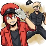  2boys adjusting_clothes adjusting_headwear ambarsenpai angry arm_at_side bakugou_katsuki baseball_cap black_headwear black_pants black_shirt blonde_hair boku_no_hero_academia breast_pocket brown_background cabbie_hat clothes_writing collarbone commentary constricted_pupils cosplay crossover dress_shirt english_commentary front_to_back gloves grin hand_up hands_up hat hat_removed hataraku_saibou headwear_removed highres jacket killer_t_(hataraku_saibou) killer_t_(hataraku_saibou)_(cosplay) kirishima_eijirou looking_at_viewer male_focus multiple_boys no_pupils open_clothes open_jacket open_mouth outline pants pocket red_blood_cell_(hataraku_saibou) red_blood_cell_(hataraku_saibou)_(cosplay) red_eyes red_hair red_headwear red_jacket sanpaku sharp_teeth shirt short_sleeves shouting signature smile spiked_hair spread_legs t-shirt teeth upper_body v-shaped_eyebrows v-shaped_eyes w_arms white_gloves white_outline 
