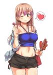  blue_jacket blue_shirt blush boku_no_kokoro_no_yabai_yatsu bracelet breasts brown_shorts candy collarbone colored_tips cowboy_shot earrings food gyaru hagiya_masakage heart highres holding holding_candy holding_food holding_lollipop hoop_earrings jacket jewelry large_breasts light_brown_hair lollipop looking_at_viewer multicolored_hair navel off_shoulder official_alternate_costume one_eye_closed pink_hair red_bag shirt shorts smile speech_bubble stomach strapless tongue tongue_out tube_top two-tone_hair yamada_anna 