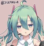 1girl :&lt; ahoge aqua_eyes aqua_hair bare_shoulders black_sleeves detached_sleeves double_v green_eyes green_hair hatsune_miku hatsune_miku_(vocaloid4) headset highres irie_keisuke_(handn) jitome long_hair looking_at_viewer necktie open_mouth shirt shoulder_tattoo simple_background solo tattoo twintails twitter_username v v4x vocaloid white_shirt 